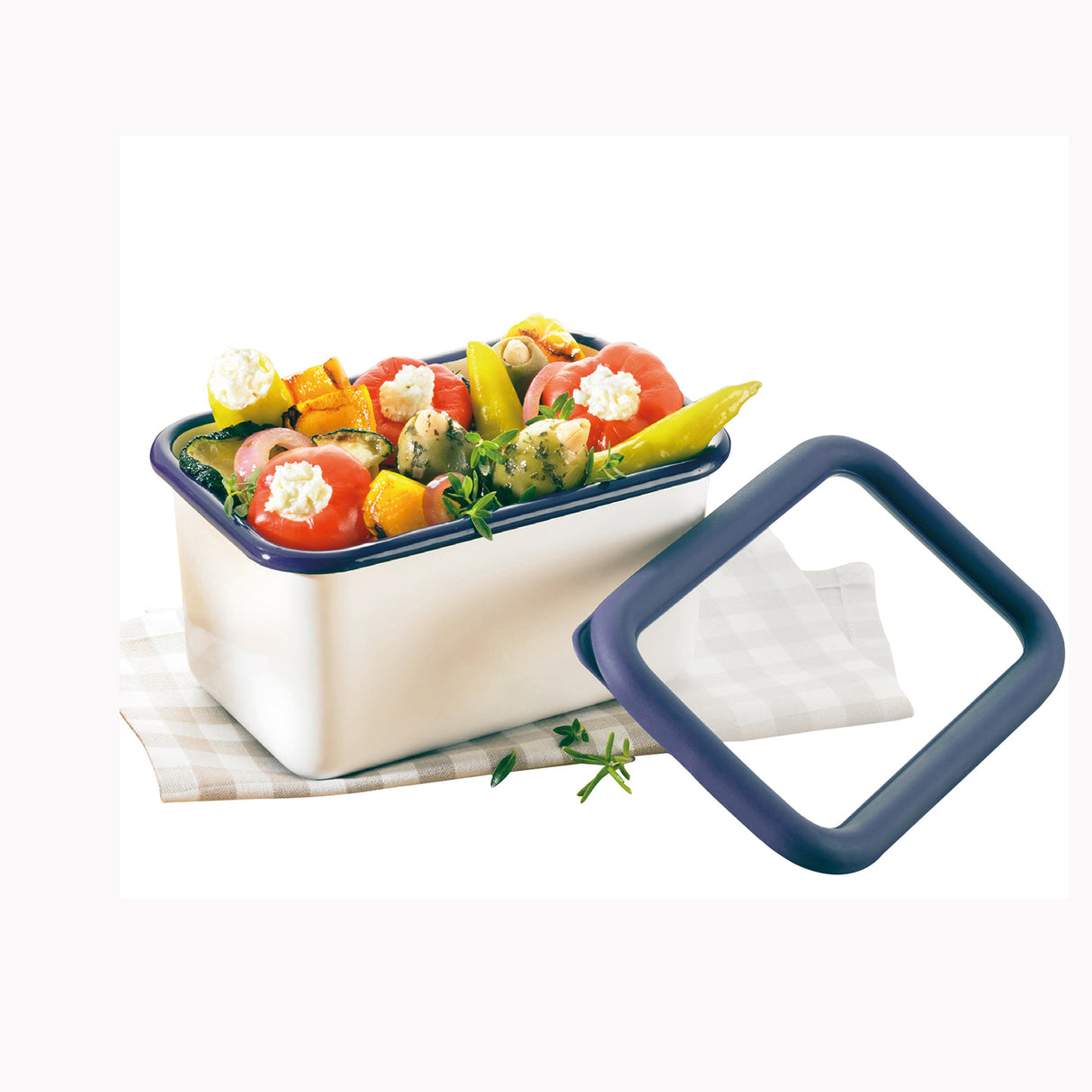 Dunkelblaue Emailledose der HONEYWARE CLASSIC Serie, runde Aufbewahrungsdose aus Emaille für Lebensmittel.
