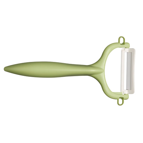 Grüner KYOCERA Schäler mit doppelseitigem Schliff, ideal für präzises Schneiden und Schälen von Obst und Gemüse.
