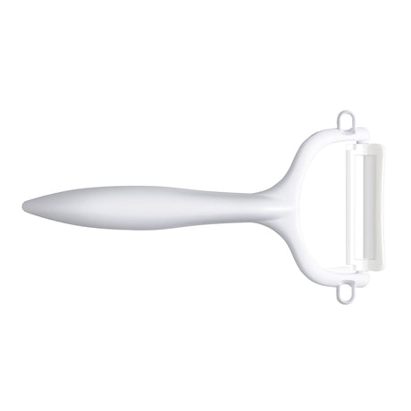 Grüner KYOCERA Schäler mit doppelseitigem Schliff, ideal zum Schälen von Obst und Gemüse, sichtbarer Klingen- und Griffbereich