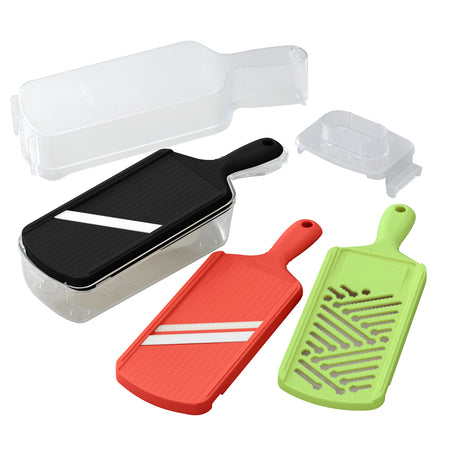 Rotes KYOCERA Hobelset mit Box, Slice&Grate, 6-teilig, mit verschiedenen Edelstahlhobeln für Gemüse und Käse.
