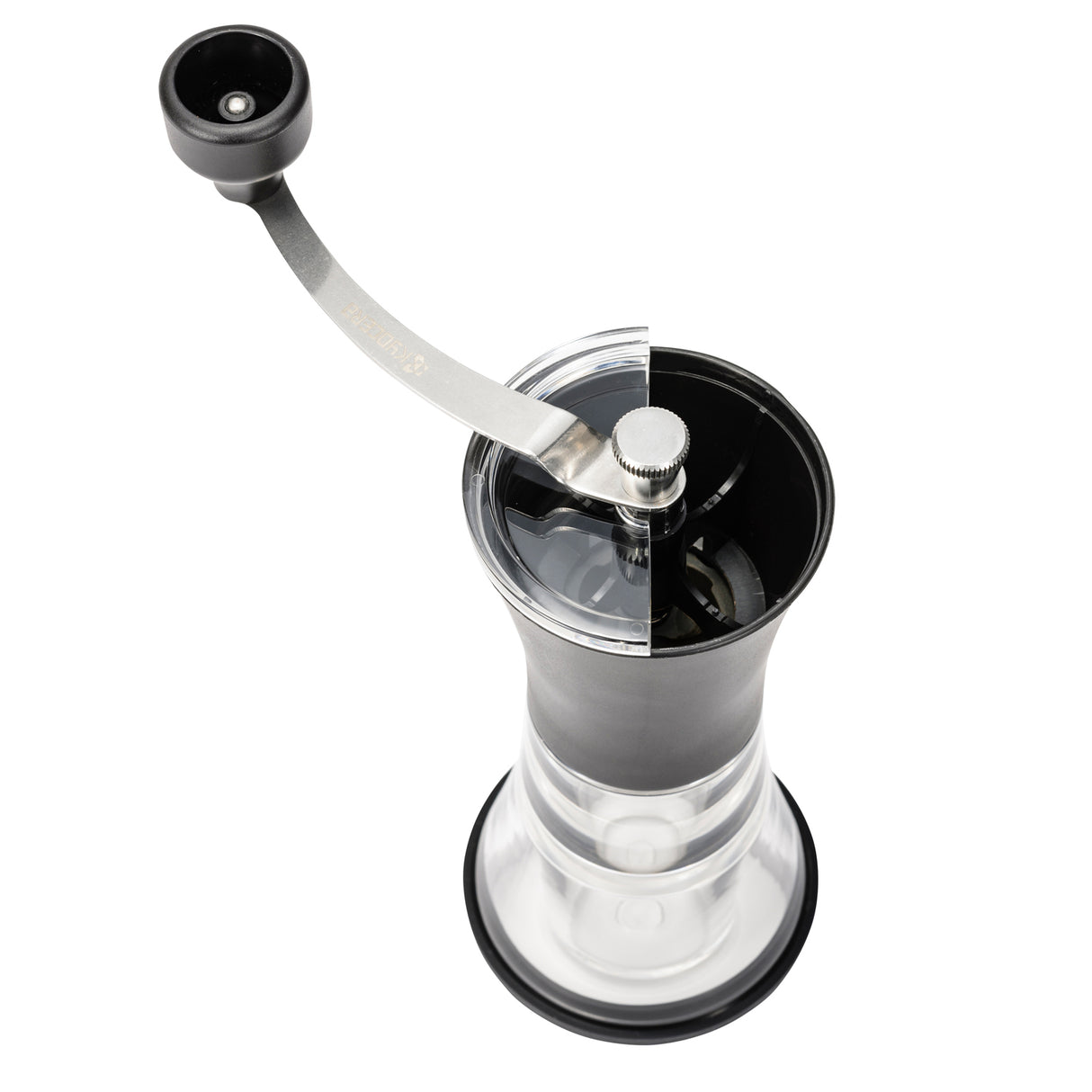 Schwarze KYOCERA Keramik-Kaffeemühle mit Deckel, detailreiche Nahaufnahme der Mühle für frisch gemahlenen Kaffee