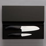 Kyocera Keramik-Schäl- und Santokumesser Set, scharfe Küchenmesser aus Keramik mit ergonomischen Griffen.