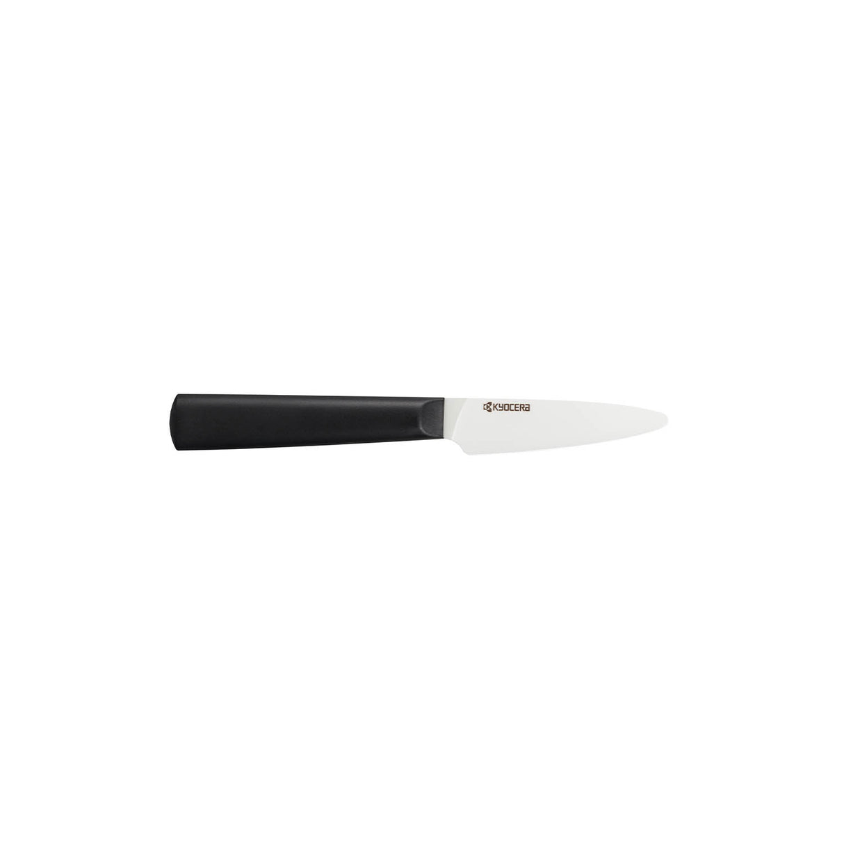 Schwarzes und weißes KYOCERA Keramikmesser CHOWA mit scharfer Klinge auf weißem Hintergrund