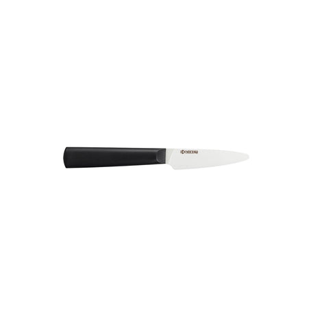 Schwarzes und weißes KYOCERA Keramikmesser CHOWA mit scharfer Klinge auf weißem Hintergrund