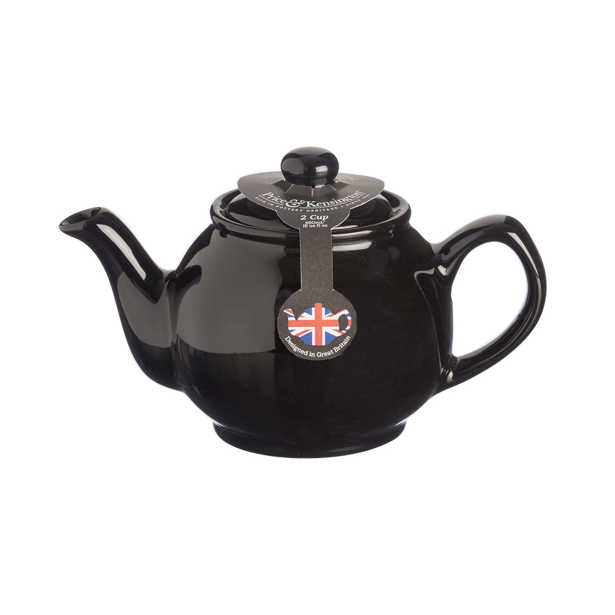 Schwarze Teekanne von PRICE & KENSINGTON, elegante Teekanne aus Keramik oder Porzellan, mit Deckel und Griff, auf weißem Hintergrund