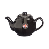 Schwarze Teekanne von PRICE & KENSINGTON, elegante Teekanne aus Keramik oder Porzellan, mit Deckel und Griff, auf weißem Hintergrund