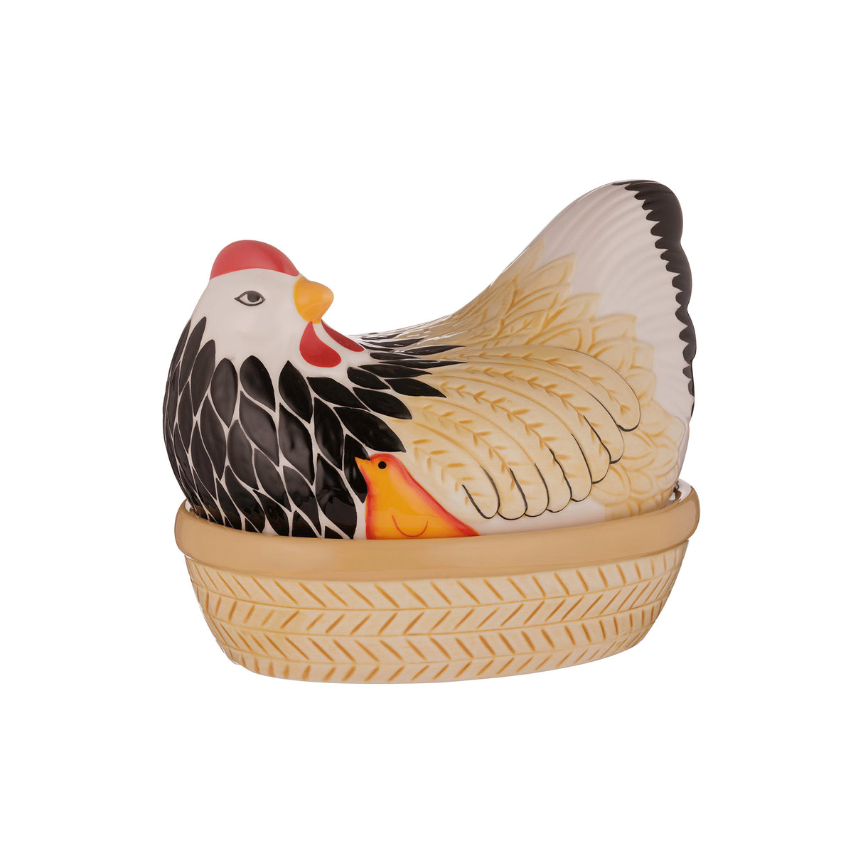 Mehrfarbiges Keramikhuhn von Mason Cash, detailreiche und farbenfrohe Küchenfigur aus Keramik.