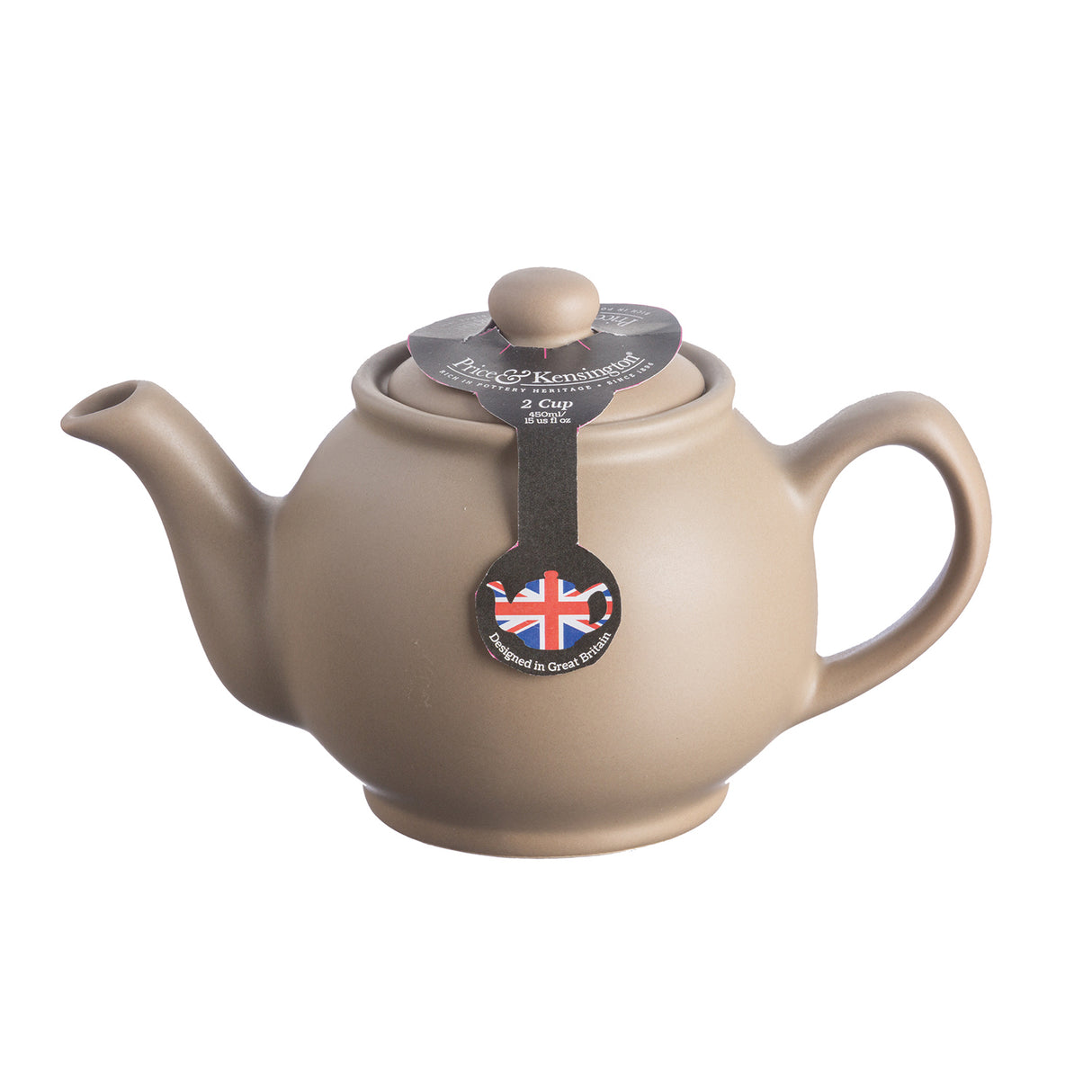 Taupe-Teekanne von PRICE & KENSINGTON aus Keramik, mit elegantem Design und Griff, auf weißem Hintergrund.