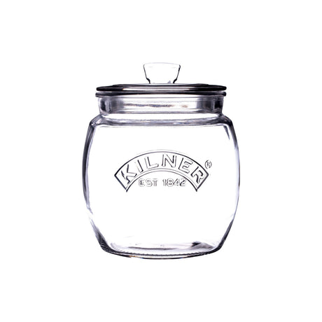 Vorratsglas von KILNER mit weitem Hals und Glasdeckel, ideal für die Aufbewahrung von Lebensmitteln und Küchenutensilien.