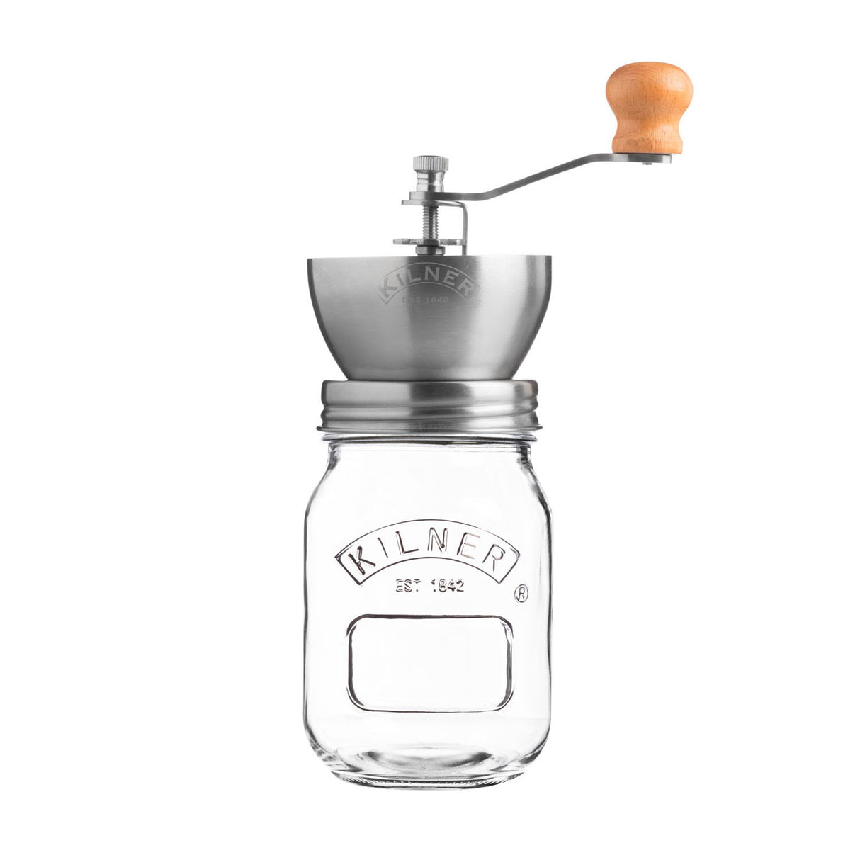 KILNER Kaffeemühle mit Kurbel aus Glas, 500 ml, klare Sicht auf die Mahlwerk, handbetriebene Zubereitung von Kaffee