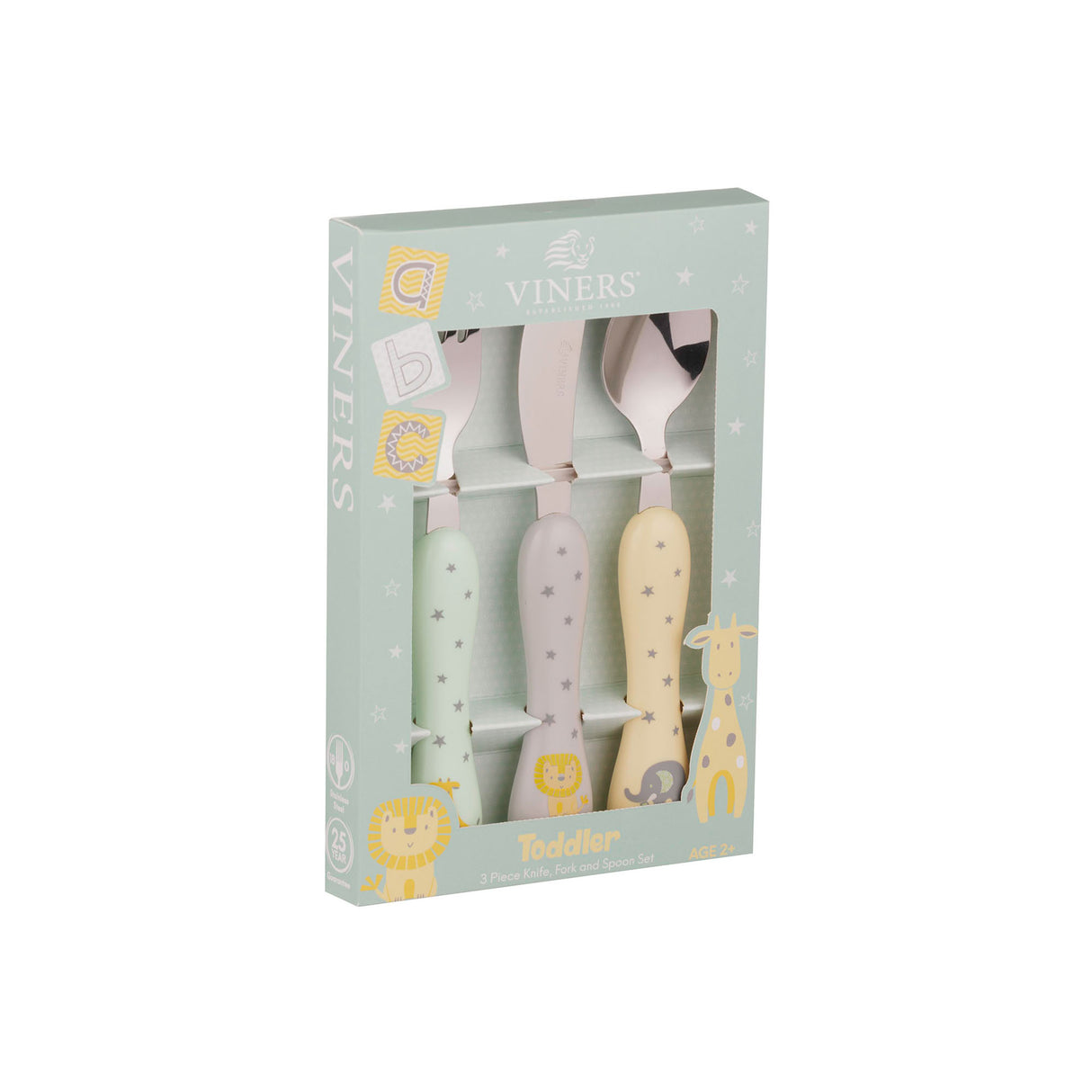 Kinderbesteck-Set von VINERS für Babys, 3-teilig aus Edelstahl mit kindgerechtem Design auf dem Bild.