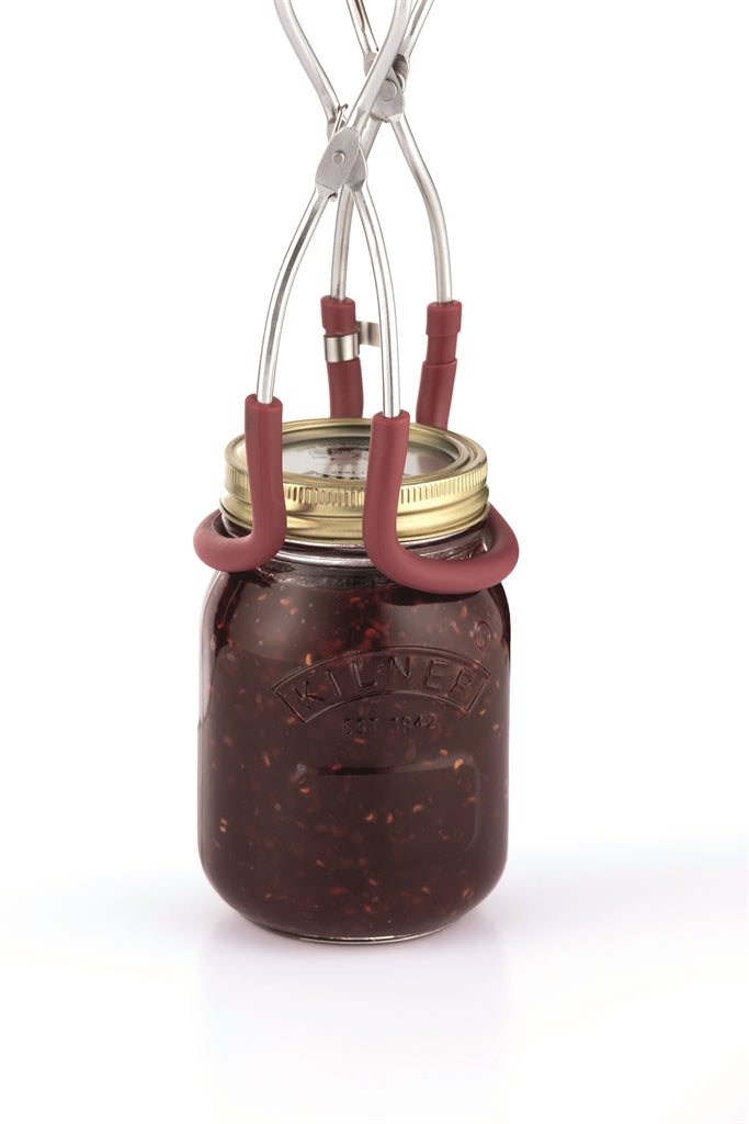 Rote KILNER Einkochglas-Zange zum sicheren Greifen und Heben von Einmachgläsern, aus robustem Metall gefertigt.