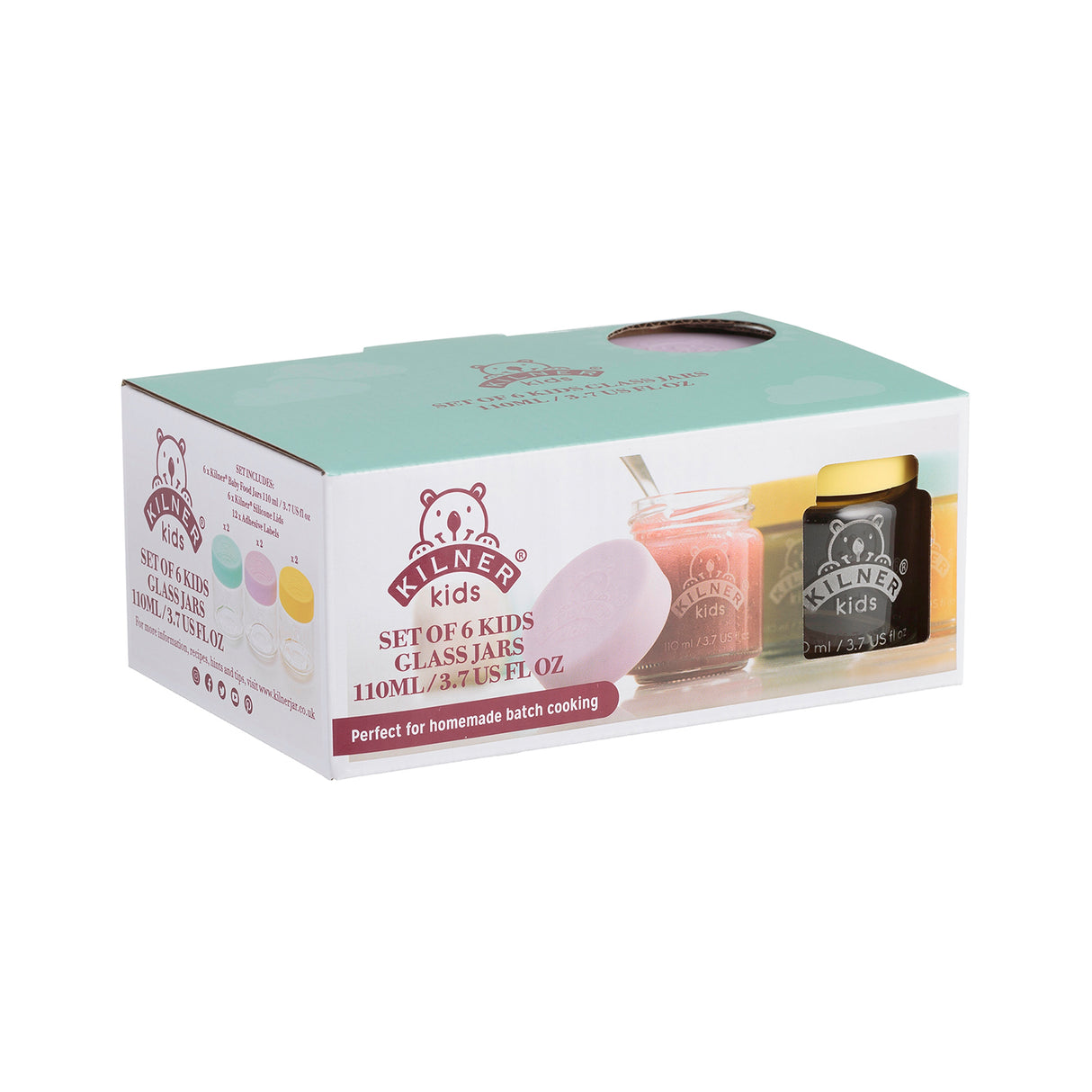 Bunte KILNER Babygläser in klarer Ausführung, ideal für Babynahrung, mit bunten Deckeln und fröhlichem Design.