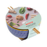 Blaue TYPHOON Nudelschüssel mit Stäbchen im asiatischen Stil, runder Durchmesser, perfekt für Nudeln und Sushi.