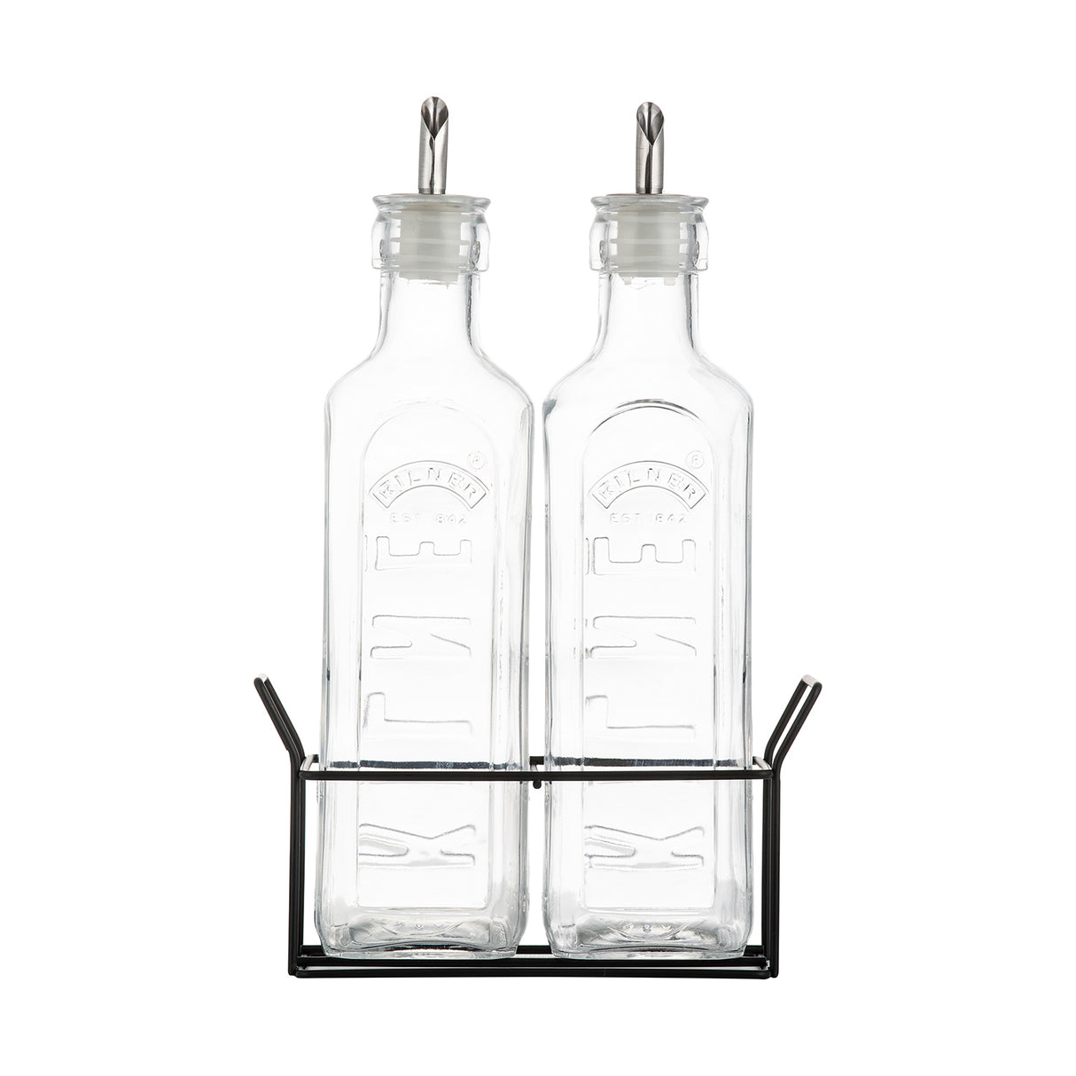 Klare KILNER Öl- und Essigflasche aus Glas mit Edelstahlverschluss, ideal zum Aufbewahren von Öl und Essig.