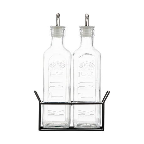 Klare KILNER Öl- und Essigflasche aus Glas mit Edelstahlverschluss, ideal zum Aufbewahren von Öl und Essig.