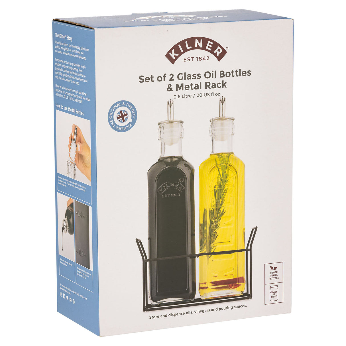 Klare KILNER Öl- und Essigflasche aus Glas mit Schraubverschluss, ideal zum Aufbewahren von Öl und Essig.