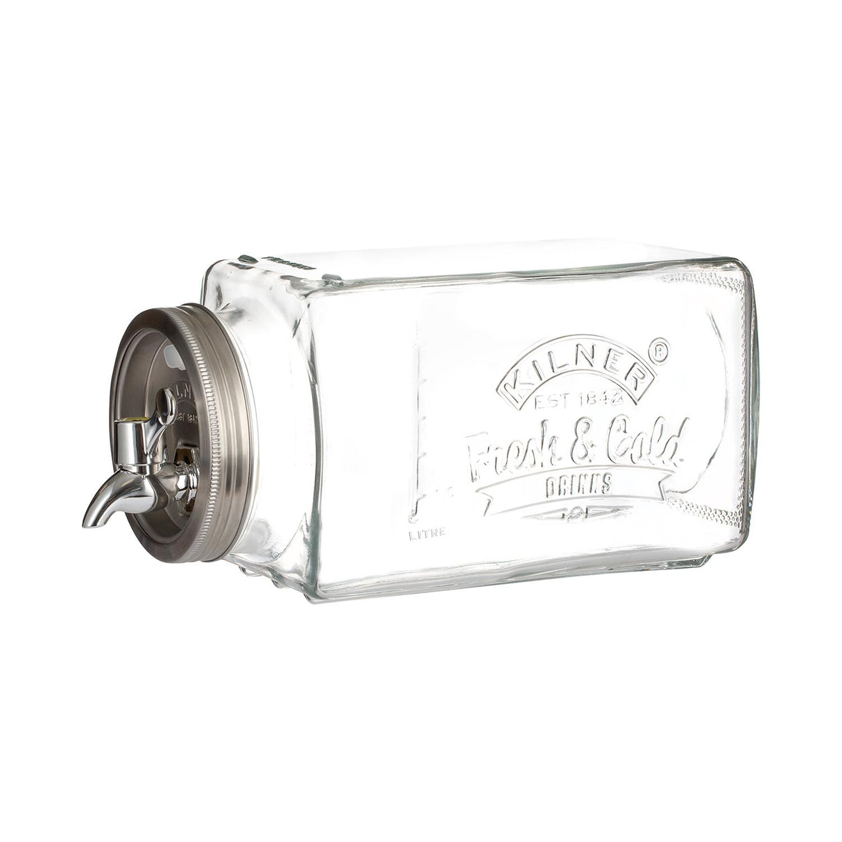 KILNER Getränkespender, klarer 3-Liter-Fridge-Behälter aus Glas mit silberner Verschlussöffnung.