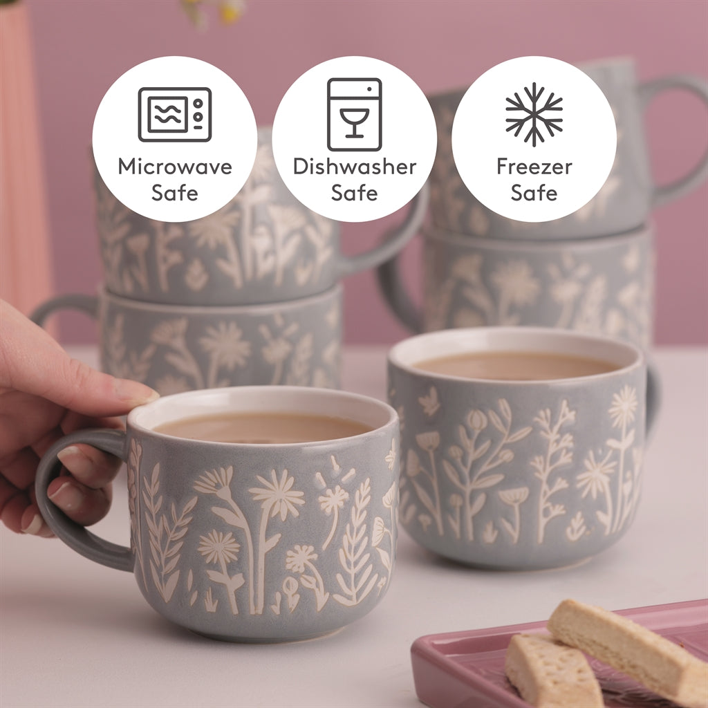 MASON CASH Tasse mit Tulpen- und Salbeimotiv, 400 ml, weiße Keramiktasse mit floralem Design auf weißem Hintergrund