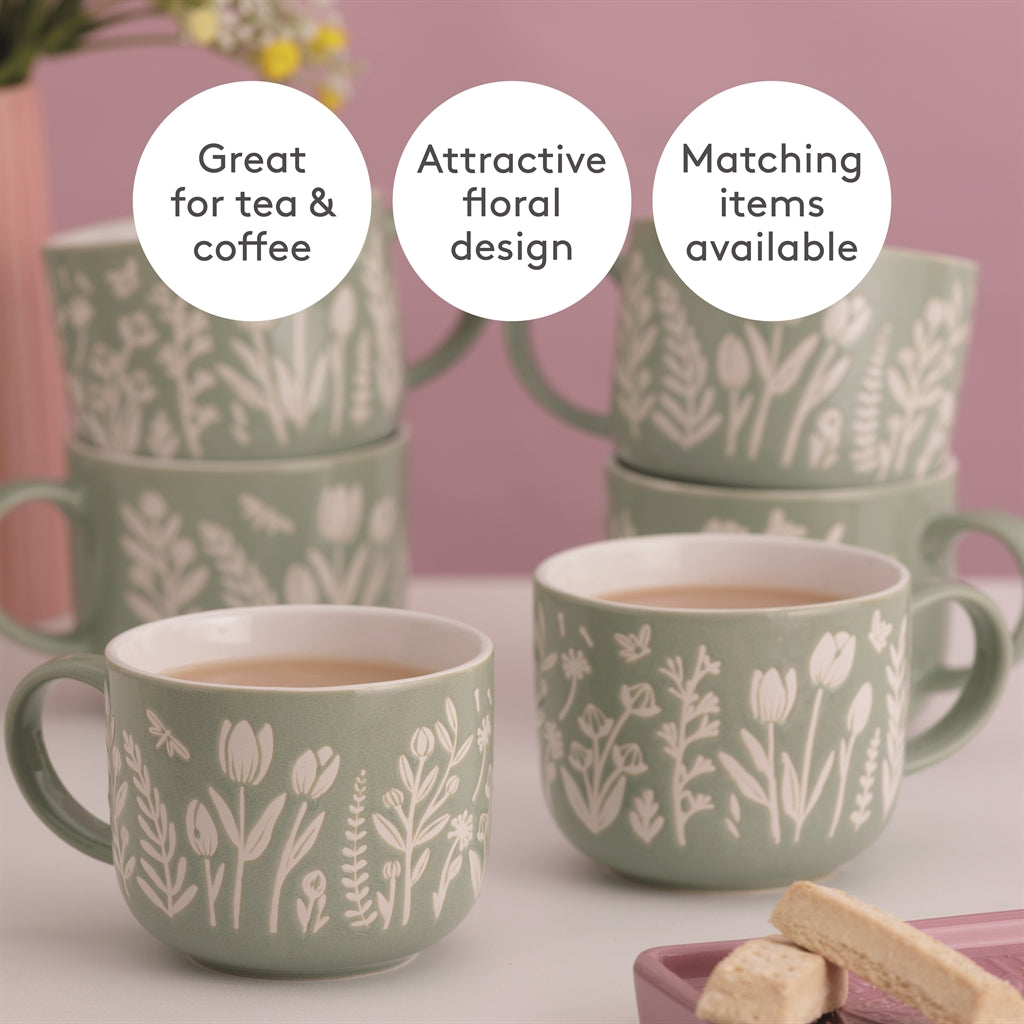 MASON CASH Tasse mit Tulpen- und Salbei-Motiv, 400 ml Fassungsvermögen, keramische Teetasse mit floralem Design.