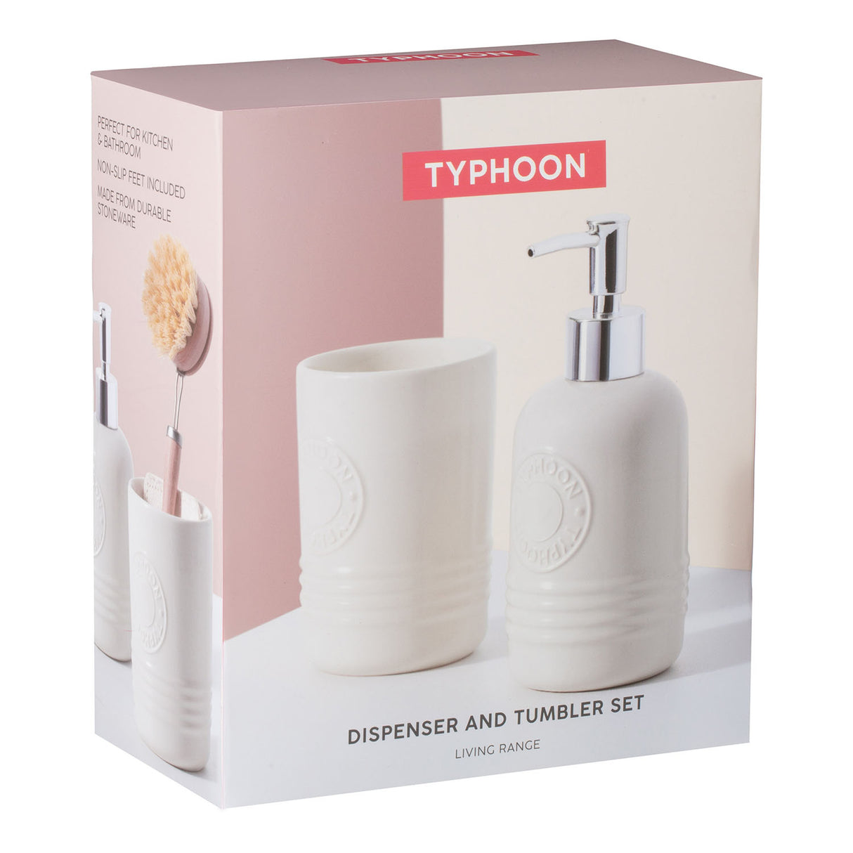 Typhoon LIVING Seifenspender und Becher aus Keramik mit modernen, stilvollen Designs, ideal für Badezimmer und Küchen.
