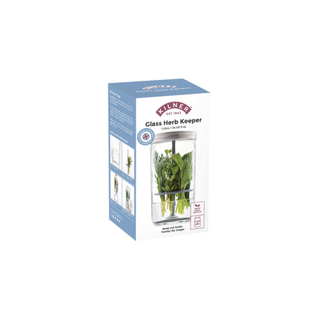 KILNER Kräuter-Frischhalteglas, 1 Liter, transparent mit grünen Kräutern und Frischhalteverschluss, ideal für frische Kräuter.