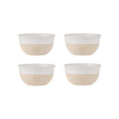 Vier beige Schüsseln im Mason Cash Rustic Charm Set, langlebig und stilvoll für die Küche, aus robustem Keramik gefertigt