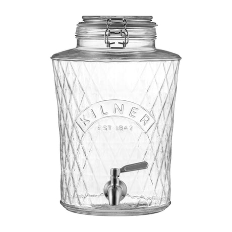 KILNER Getränkespender mit Diamantmuster, 5 Liter, Edelstahl-Zapfhahn und transparentem Glasbehälter für Getränke.