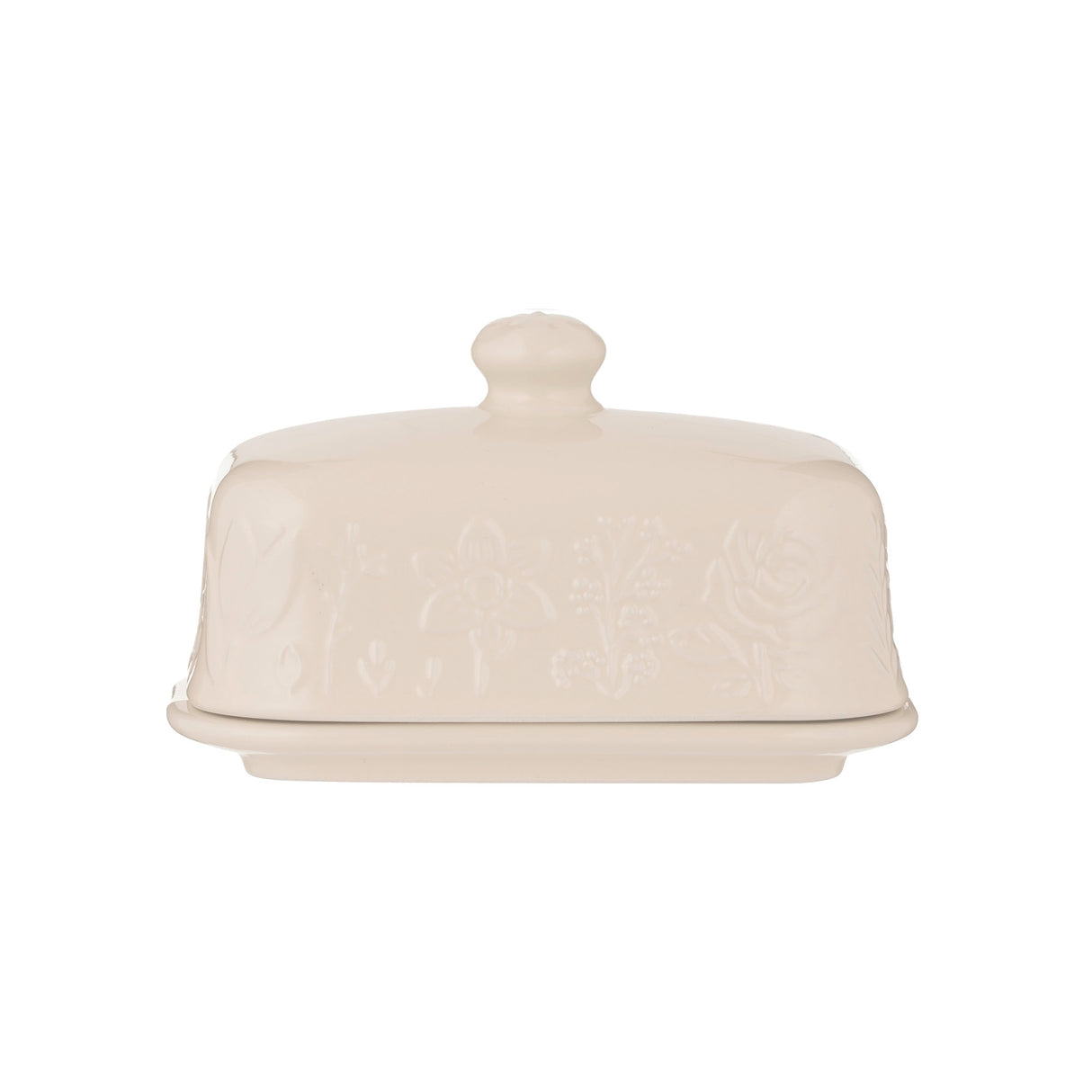 Weiße Butterdose von MASON CASH mit Blumenmuster im Design "In the Meadow" auf weißem Hintergrund.