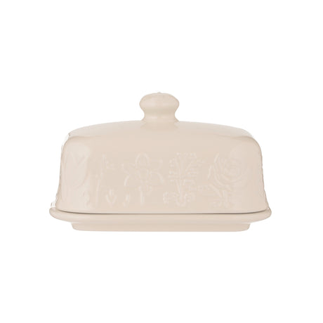 Weiße Butterdose von MASON CASH mit Blumenmuster im Design "In the Meadow" auf weißem Hintergrund.