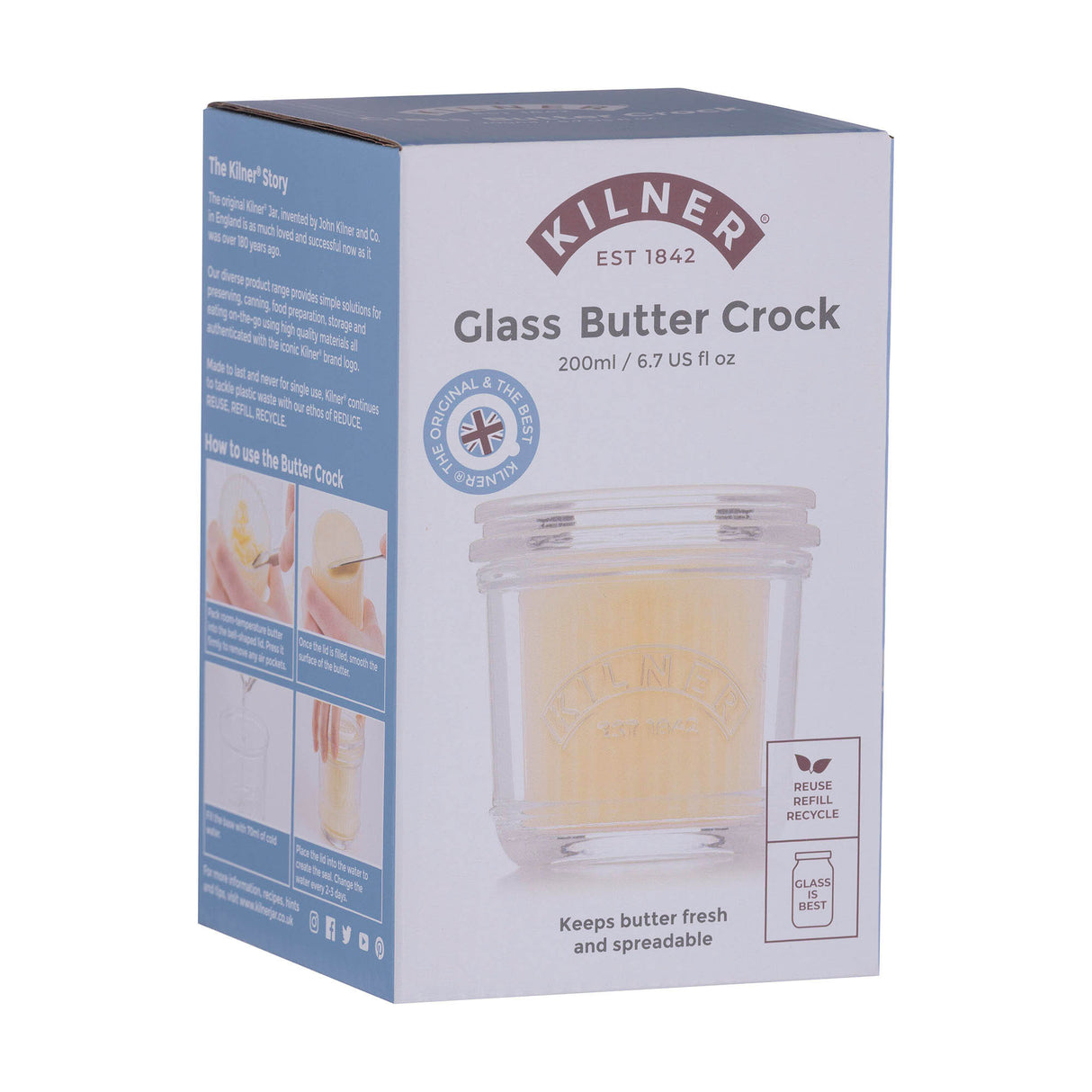 Transparente Kilner Butterdose aus Glas mit 200 ml Fassungsvermögen, ideal für Butter oder kleine Lebensmittel.