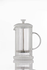 Weiße French Press von PRICE & KENSINGTON, elegante Luxe-Serie, aus Glas mit Edelstahlgriff für Kaffee- und Teezubereitung.