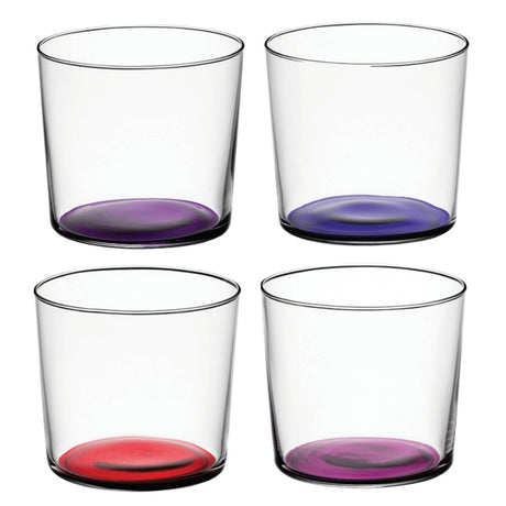 Set of four LSA CORO tumblers in berry color, 310ml glass drinkware with a sleek, modern design.
