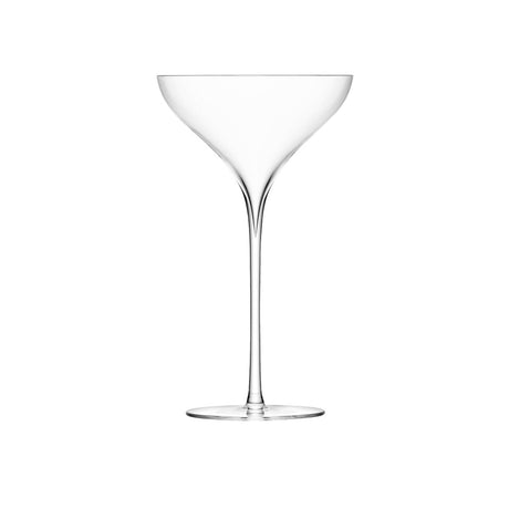Two clear LSA Savoy champagne saucers with 250ml capacity, elegant and modern glassware for celebrating special occasions.