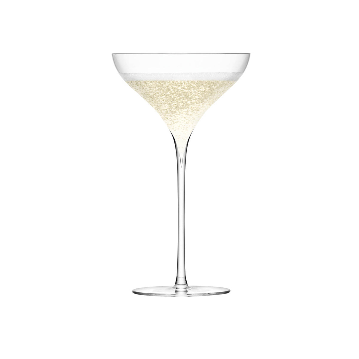 Pair of LSA Savoy Champagne Saucer glasses, 250ml clear glass champagne flutes, elegant and modern design for special occasions.