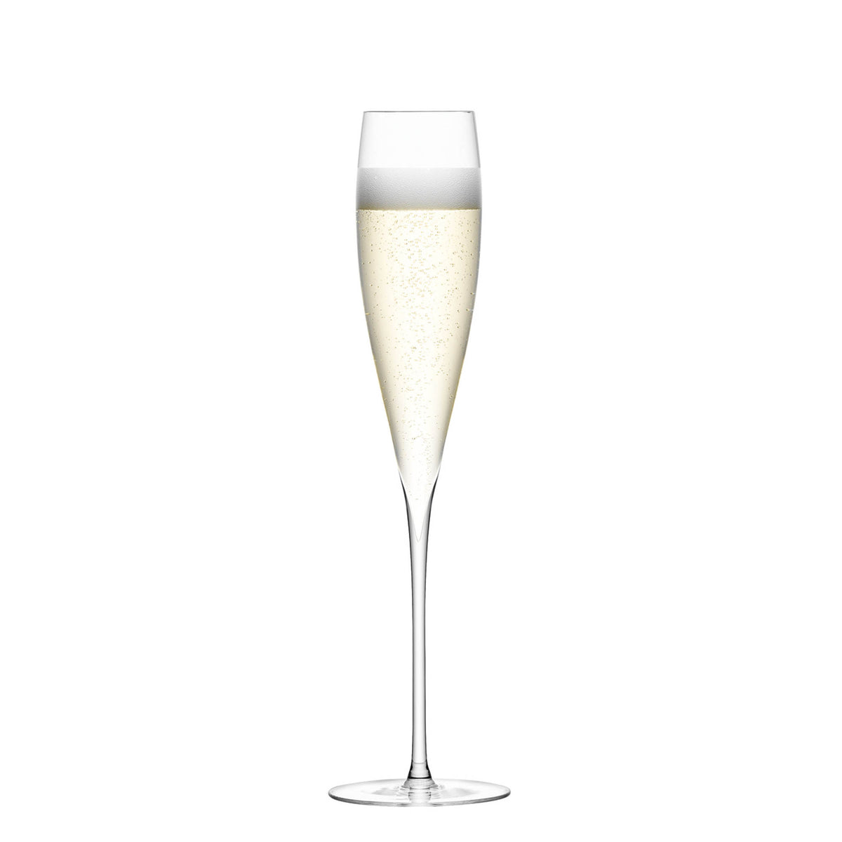 Pair of LSA Savoy champagne flutes in clear glass, 200ml Sektglas for sparkling wine, shown with reflections and elegant design.