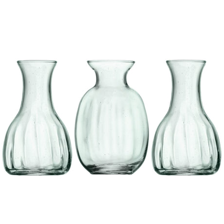 Set of three LSA Mia Mini Vases in recycled glass, featuring optic design and 11cm height, perfect for small floral arrangements.