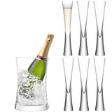 LSA Moya serving set with clear glass champagne flutes and matching tray for elegant beverage presentation.