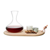 LSA wine carafe 1.4L and oak cheese board set, clear glass carafe with sleek design and natural wood cheese board for serving.