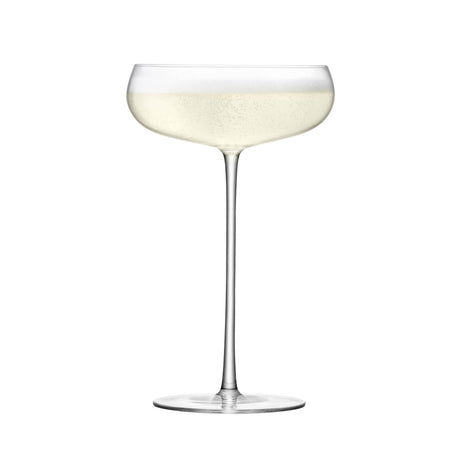 Pair of clear LSA Wine Culture Champagne saucers, 320ml, elegant glassware for sparkling wine presentation.