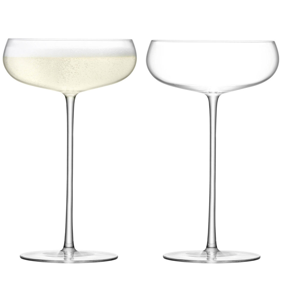 Pair of clear LSA Wine Culture Champagne saucers, 320ml, elegant glassware for serving champagne in a sophisticated style.