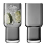 Two LSA Utility Highball glasses in slate color, 390ml capacity, designed for long drinks, shown filled with beverage.
