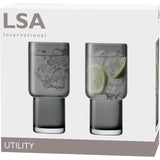 Two LSA Utility Highball glasses in slate color, 390ml capacity, perfect for long drinks, shown on a plain background.