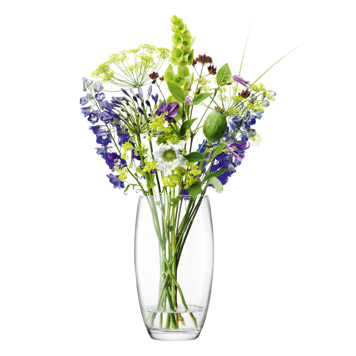 Clear LSA flower barrel bouquet vase with a 29cm height, showcasing a rounded glass design perfect for floral arrangements.