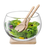 LSA glass salad serving set with a clear bowl and oak base, 27cm diameter, elegant and functional for serving salads.