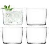 Set of four clear LSA Gio tumblers, 220ml capacity, showcasing sleek glass design for beverages.