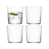 Set of four small LSA Gio tumblers, 390ml clear glass drinkware, showcasing sleek, modern design for beverages.