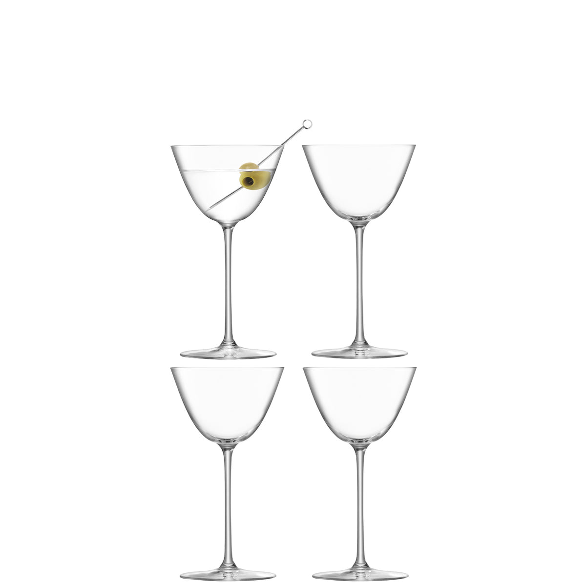 Set of four clear LSA Borough martini glasses, 195ml capacity, elegant design for cocktails and entertaining.