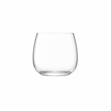 Set of four clear LSA Borough stemless wine glasses, 370ml capacity, with smooth rounded design and transparent glass.