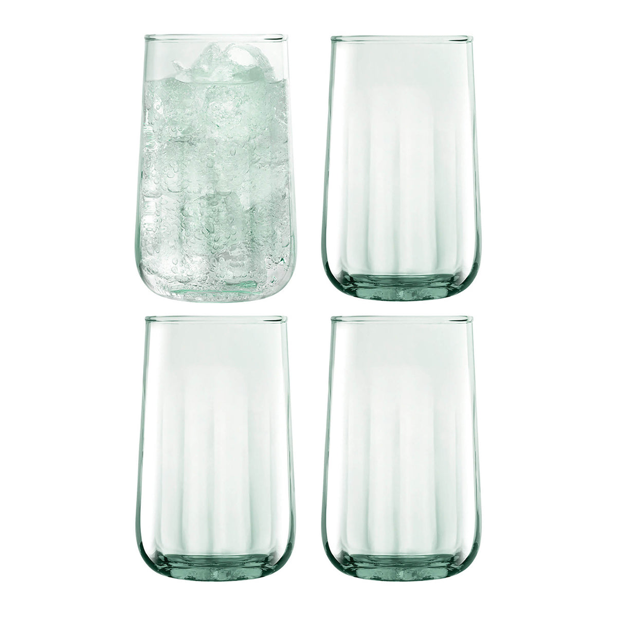 Set of four LSA Mia longdrink glasses with matte finish, 590ml capacity, showcasing elegant, clear glassware for beverages.